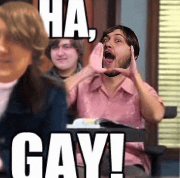 a man in a pink shirt is screaming in a classroom with the words ha gay written above him
