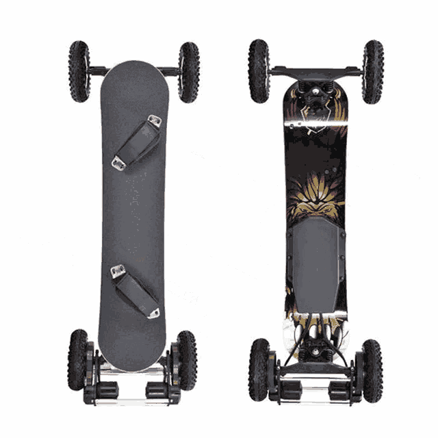 a skateboard is shown from different angles with a battery attached