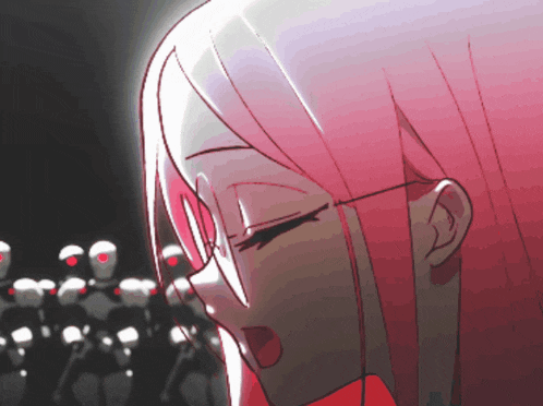 a girl with pink hair and glasses stands in front of a crowd of robots with red eyes