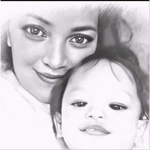 a black and white drawing of a woman and child