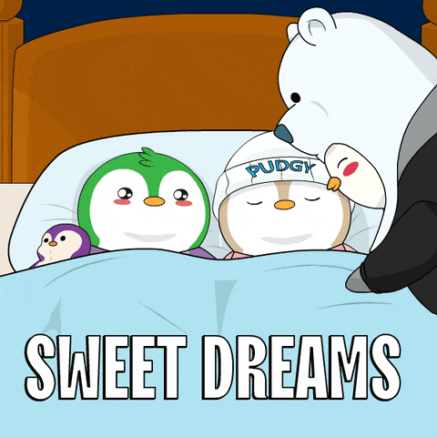 two penguins and a polar bear are sleeping in a bed with the words sweet dreams above them