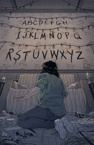 a drawing of a person kneeling in front of a wall with the letters abcdefghijklmnopqrstuvwxyz on it