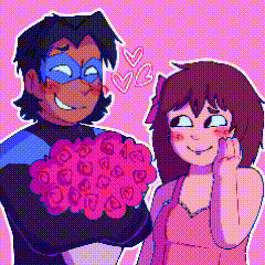 a pixel art drawing of a man holding a bouquet of roses next to a woman .