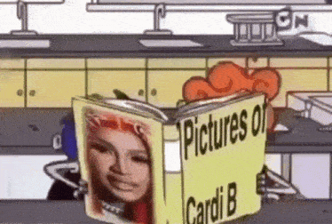 a cartoon character is reading a book about cardi b