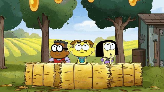 three cartoon characters are standing next to hay bales