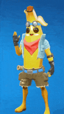 a yellow banana with goggles and a bandana is holding a bag on his head .