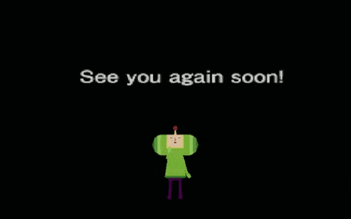a cartoon character with the words see you again soon on the bottom