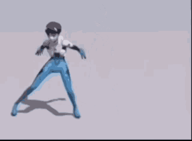 a computer generated image of a person in a blue suit dancing .