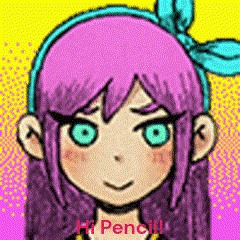 a drawing of a girl with purple hair and green eyes says hi pencil