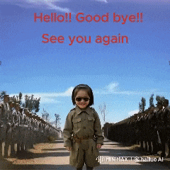 a little girl in a military uniform is standing in front of a row of soldiers with the words hello good bye see you again
