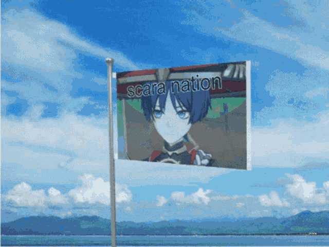 a small flag with a picture of a boy and the words scara nation on it