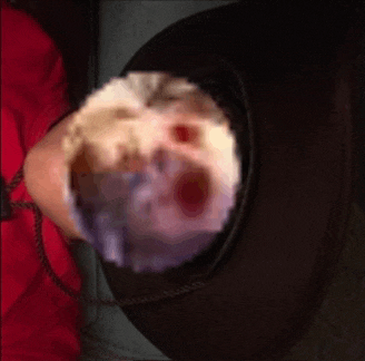 a close up of a person 's head sticking out of a hole in a tire