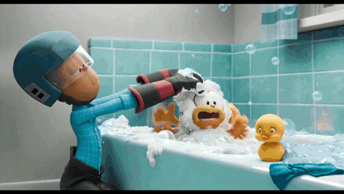 a cartoon character in a bathtub with a rubber duck