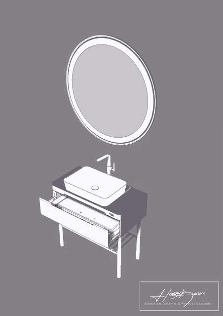 a drawing of a bathroom vanity with a sink and mirror by a ceramic and product designer