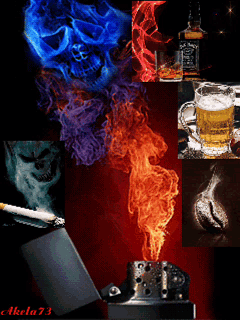 a collage of images including a cigarette a bottle of jack daniel 's and a cup of beer