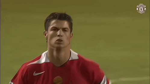 a soccer player in a red jersey is standing on a soccer field with his fist in the air .