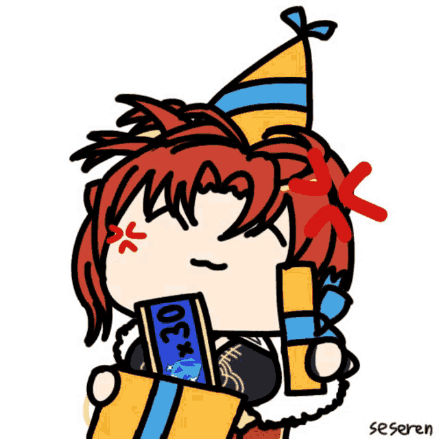 a drawing of a person wearing a party hat and holding a card that says ' uc + ' on it