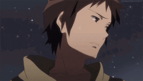a close up of a person 's face with the words endless eight on the bottom right