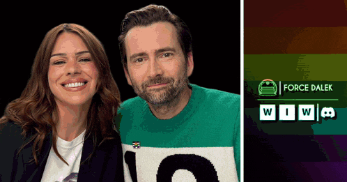a man and a woman are posing for a picture and the man is wearing a sweater with the number 10 on it
