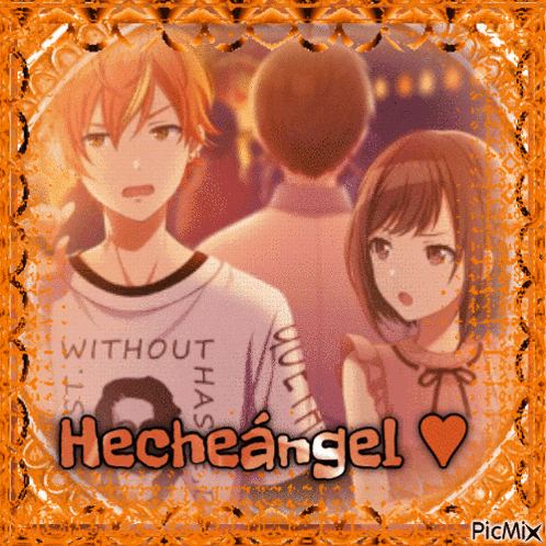 a picture of a boy and a girl with the words hecheangel written on it