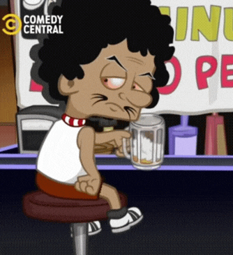 a cartoon character is sitting on a bar stool holding a beer mug and a sign that says comedy central