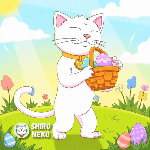 a white cat holding a basket of easter eggs with the name shiro neko below it