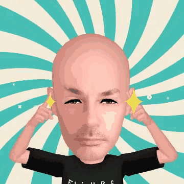 a cartoon of a bald man with a black shirt that says figure on it