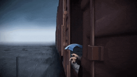a person is holding an umbrella while looking out of a train car