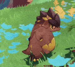 a cartoon character is standing in the grass with a blue flower in the background
