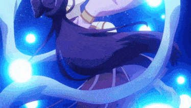 a girl with long hair is dancing in a blue light