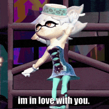 a cartoon character is dancing with the words im in love with you below her