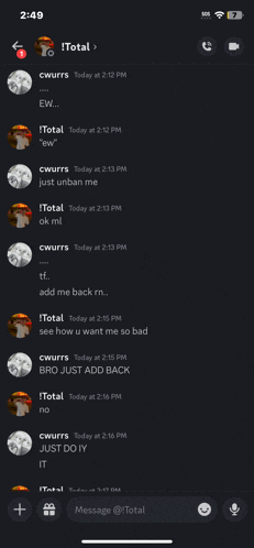a screenshot of a text conversation between itotal and cwurrs