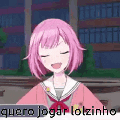 a girl with pink hair and a school uniform is talking to someone .