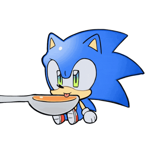 a cartoon drawing of sonic the hedgehog eating from a spoon