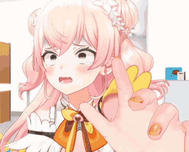 a girl with pink hair has a flower in her hair