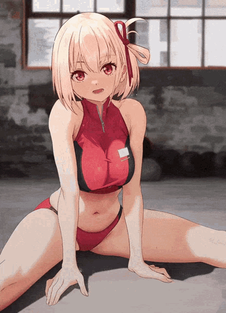 a blonde anime girl in a red top and red shorts is sitting on the floor