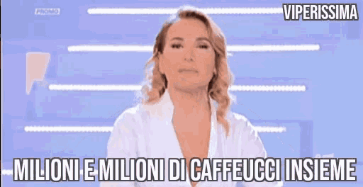 a woman with her eyes closed and the words milioni e milioni di caffeucci insieme behind her