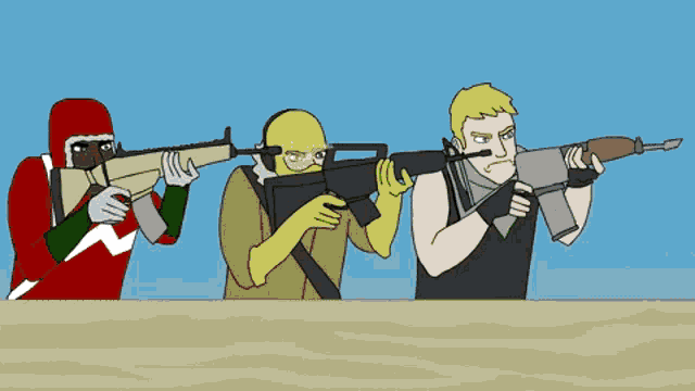 a cartoon of three soldiers aiming their guns at something