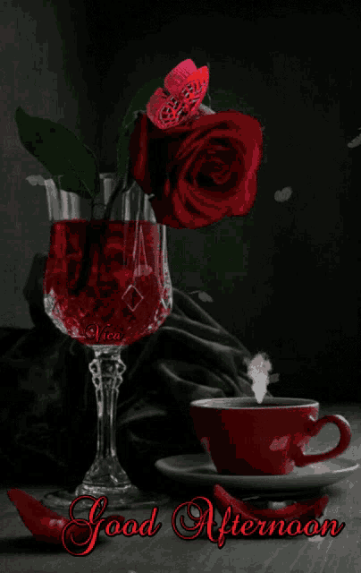 a good afternoon greeting with a red rose and a cup of tea