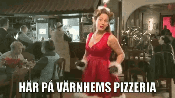 a woman in a red dress is dancing in a restaurant with the words " har på varnhems pizzeria " on the bottom