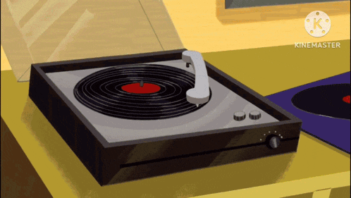 a cartoon drawing of a record player that says kinemaster on the bottom right