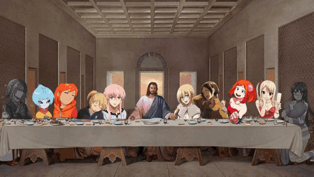 a painting of jesus sitting at a long table surrounded by anime girls