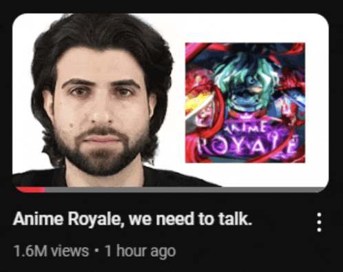 a man with a beard is next to a picture of a game called anime royale