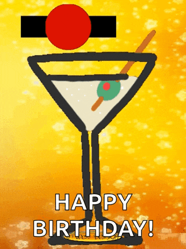 a happy birthday card with a martini glass and olive