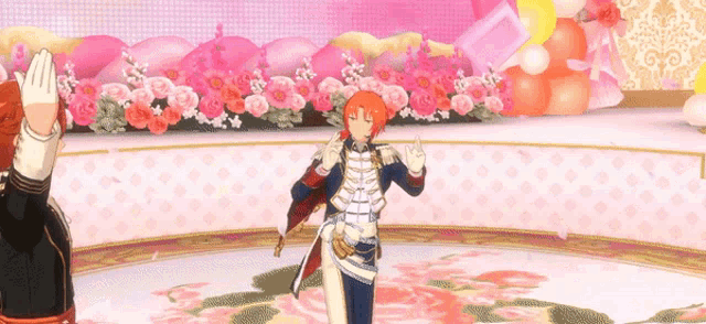 two anime characters are dancing on a stage with balloons and flowers in the background