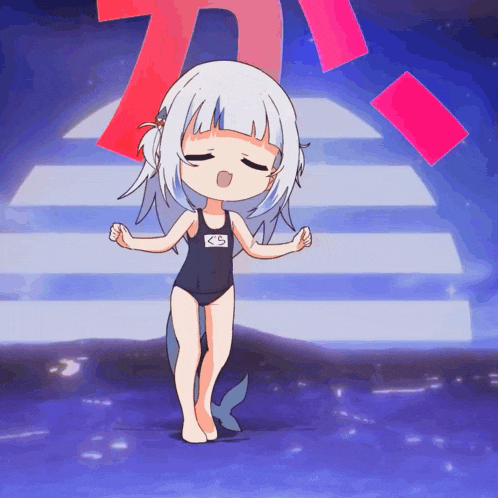 a little girl in a swimsuit has the letter k on her shirt