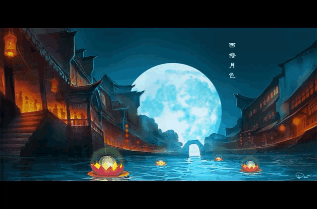a painting of a full moon over a city