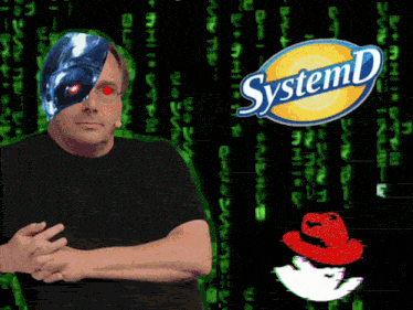 a man with a robot head and a systemd logo