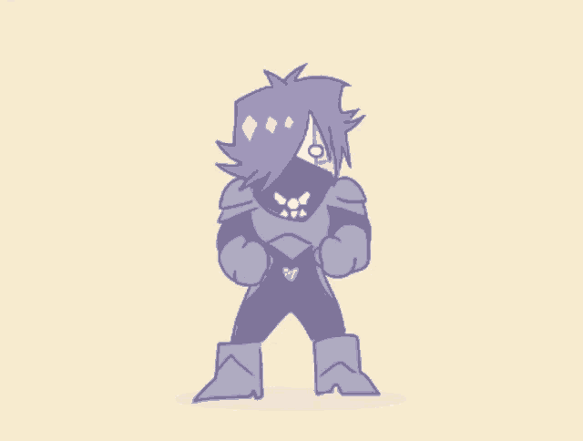 a cartoon drawing of a person with purple hair and armor