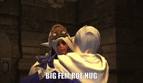 a video game scene with the words big fem roe hug on the bottom